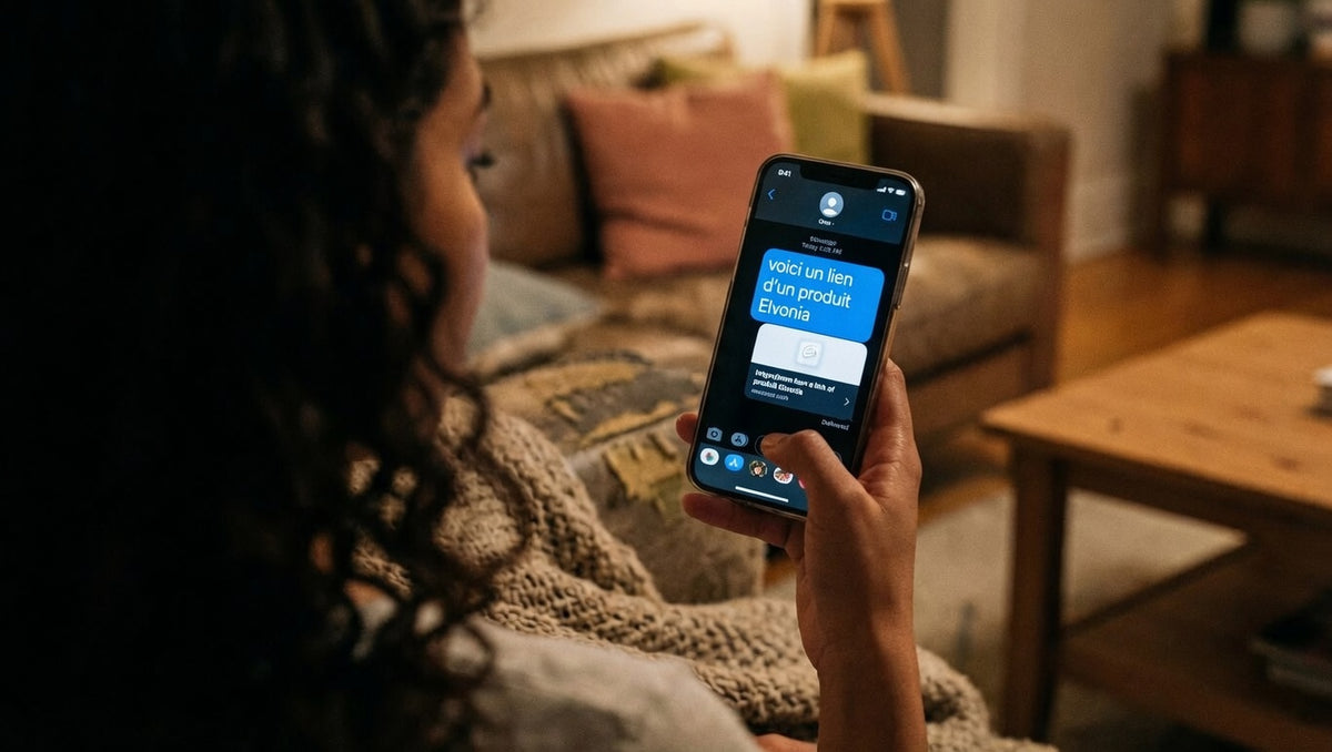 Femme envoyant un SMS dans son salon