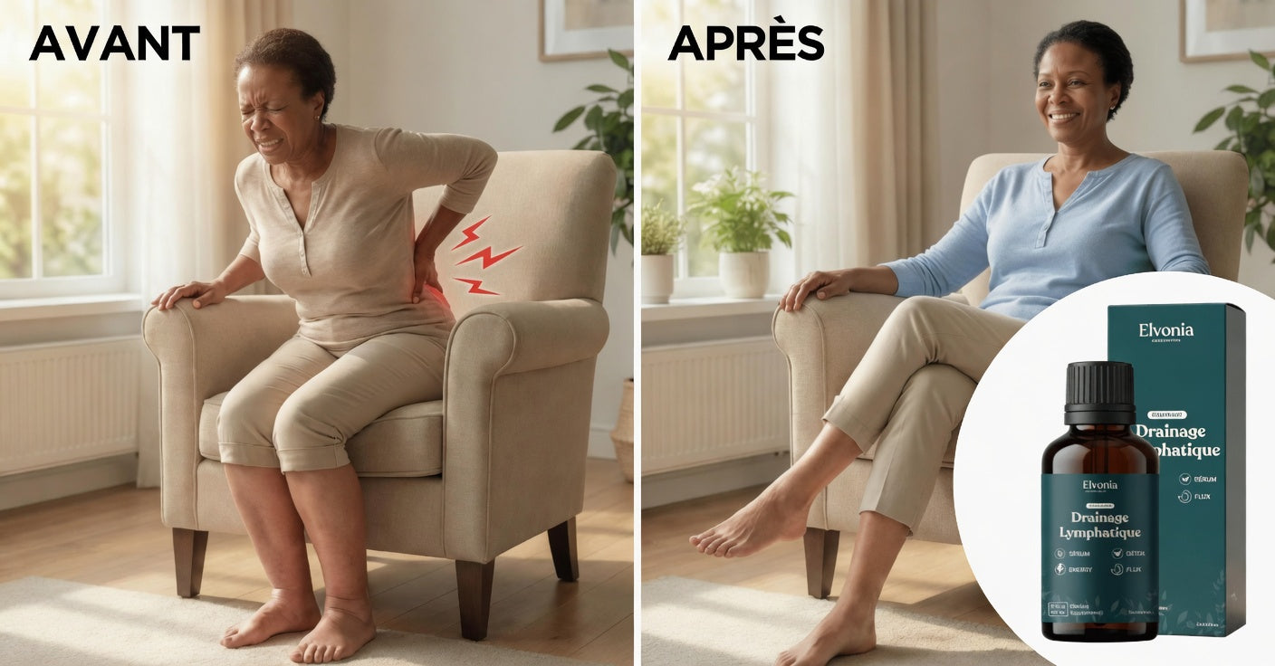 Avant / après — rein avec blocage lymphatique face à un homme tenant Elvonia Flow+
